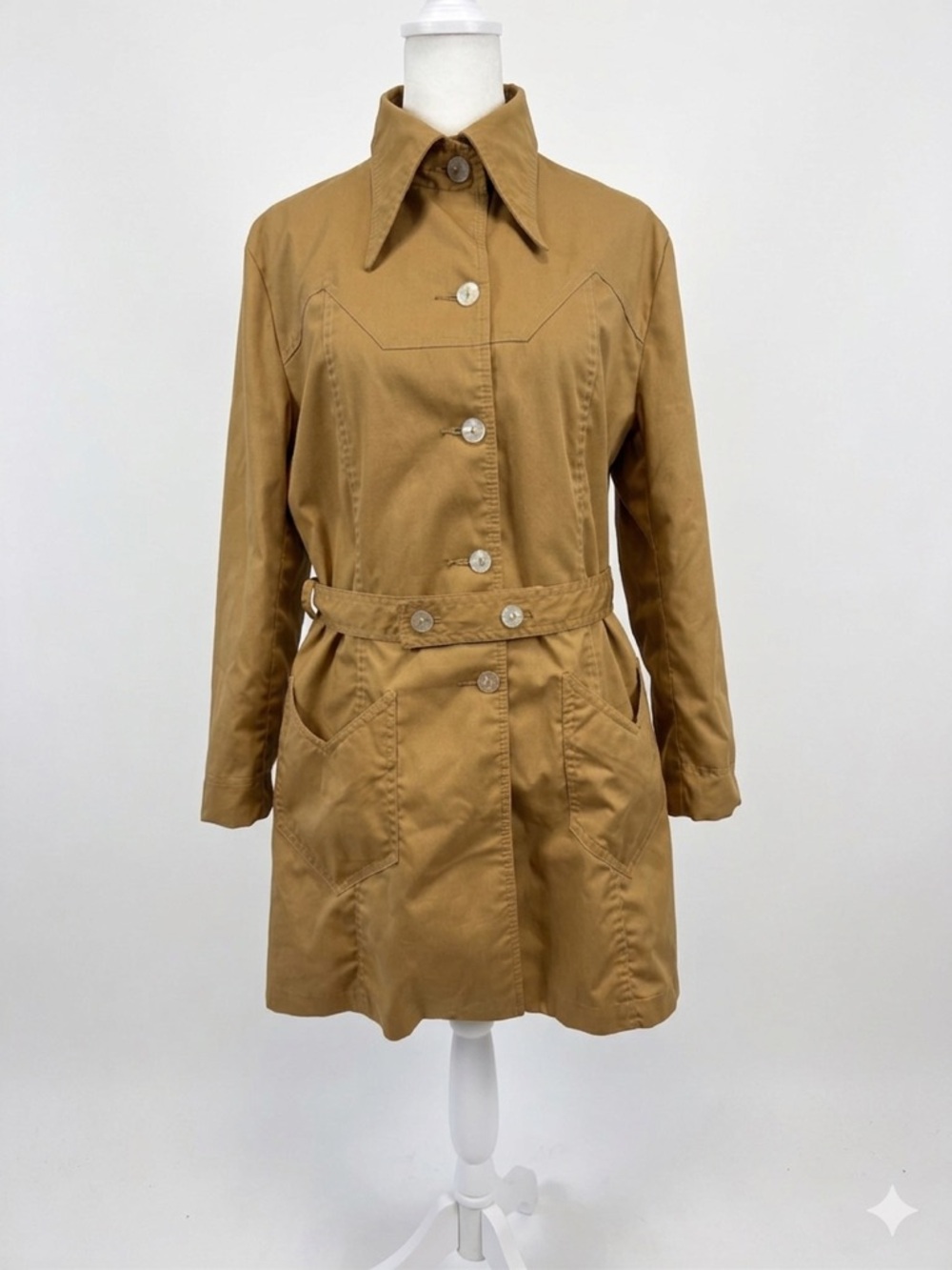 Vintage 70s Rainducker Duluth Camel Trench Coat Jacket Dagger Collar S/M